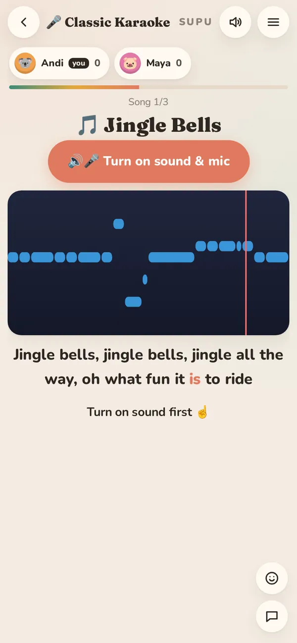 Karaoke: the phone tracks your pitch every 50 ms and scores you note by note, in any key.
