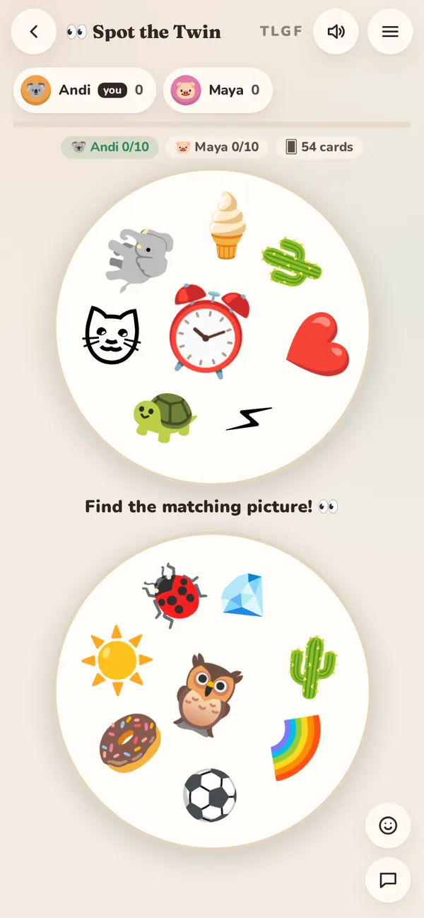 Spot the Twin: every two cards share exactly one picture (a projective-plane deck).