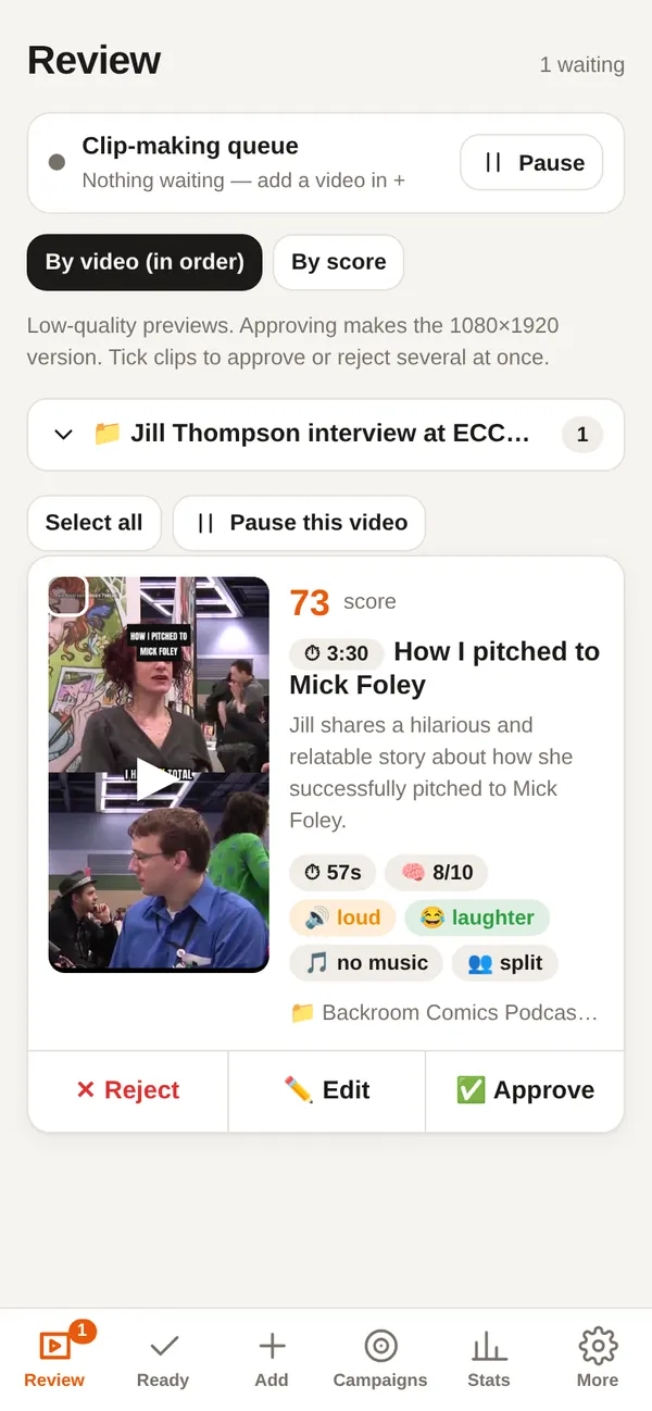 Review queue: score, length, loudness, laughter, music and face-layout checks on every clip, grouped by source video.