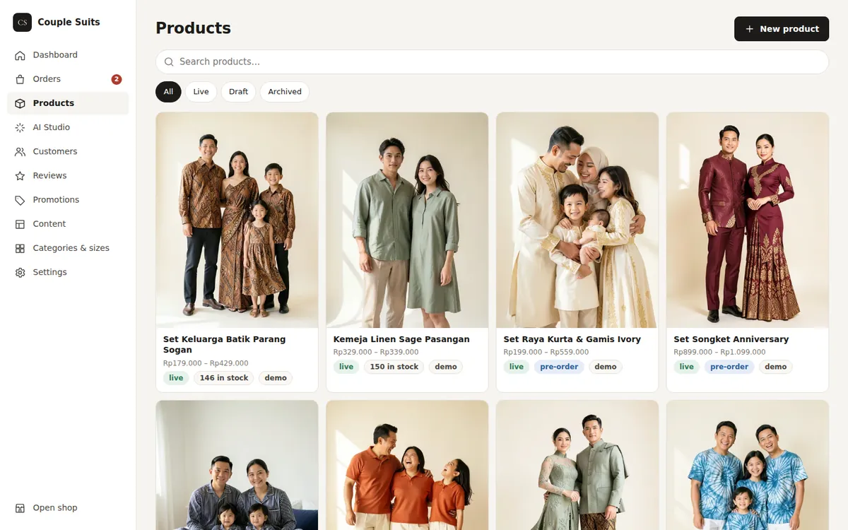 Admin: products, stock and the demo catalog generated with AI photos.