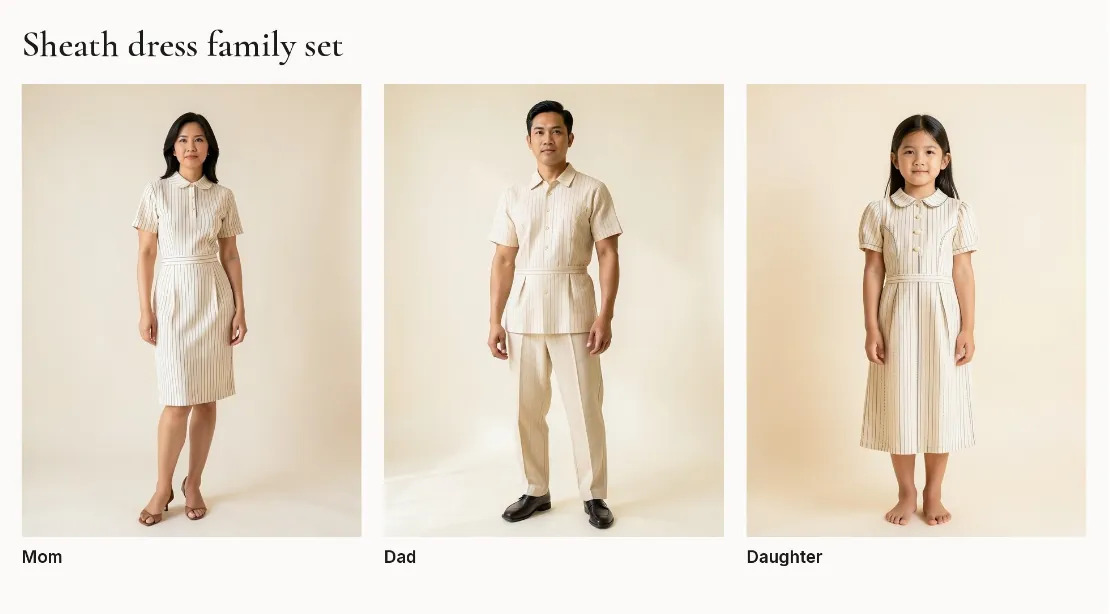 AI studio output: the family board, every member drawn from the same flat sketch and fabric details.