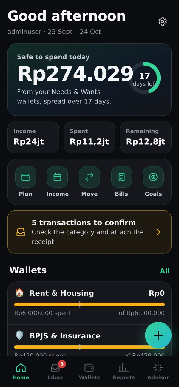 Home: safe-to-spend, wallets and what's waiting to be confirmed. (Demo data.)
