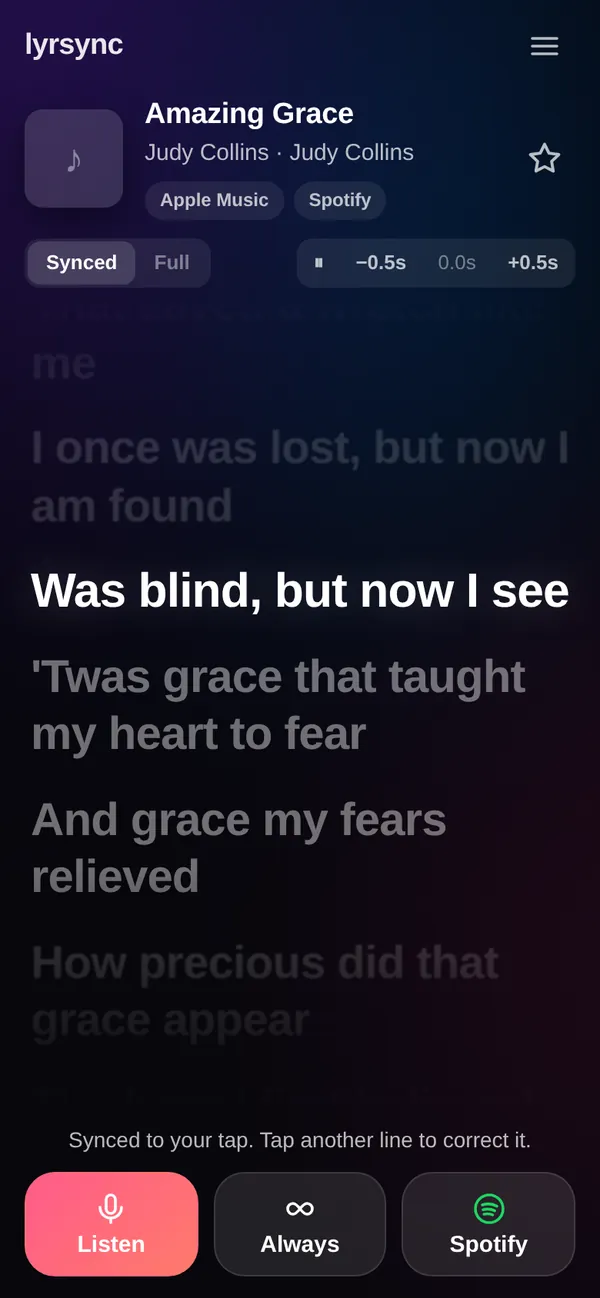 Synced lyrics with the current line highlighted and nudge buttons.